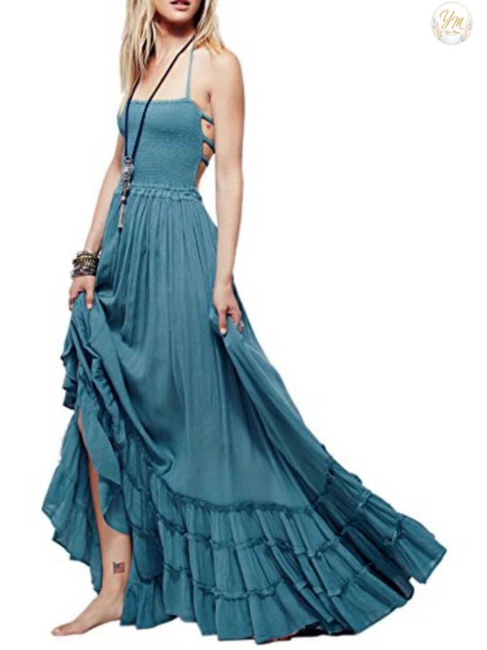 Boho Backless Maxi Dress Halter Neck Ruffle Hem Flowy Beach Vacation